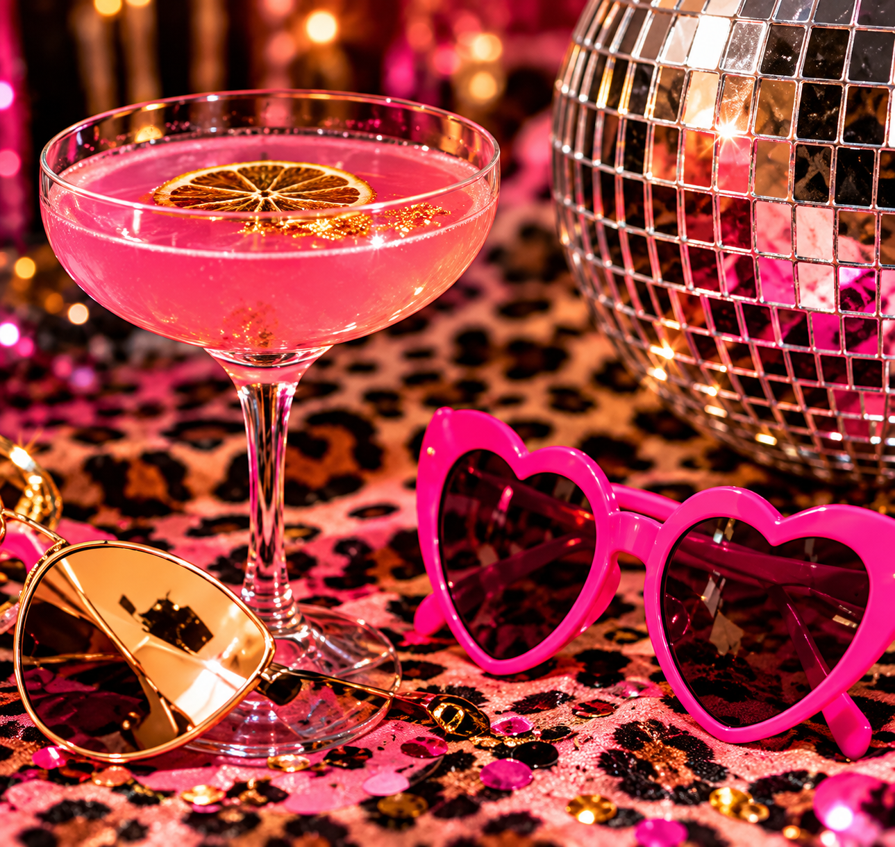 Pink heart sunglasses, a disco ball and a cocktail on leopard print: the OBW mood.